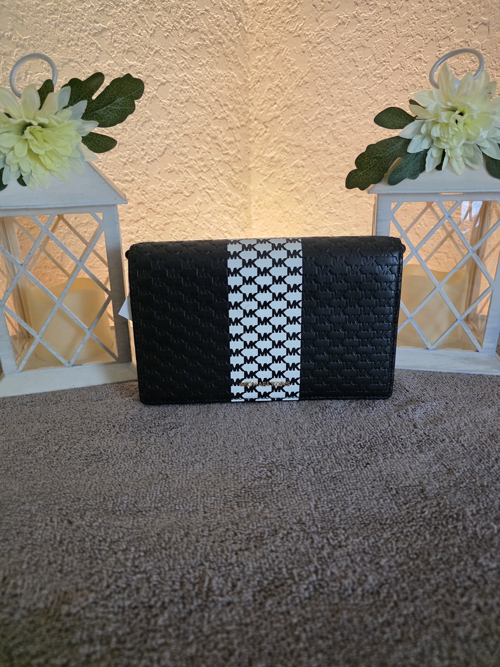 Michael Kors Black Crossbody with White MK Stripe
